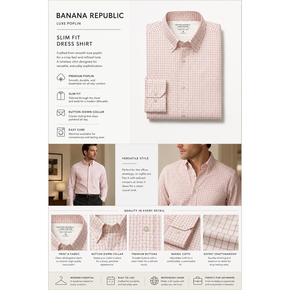 Banana Republic Luxe Poplin Slim Fit Dress Shirt Red White Windowpane Check M